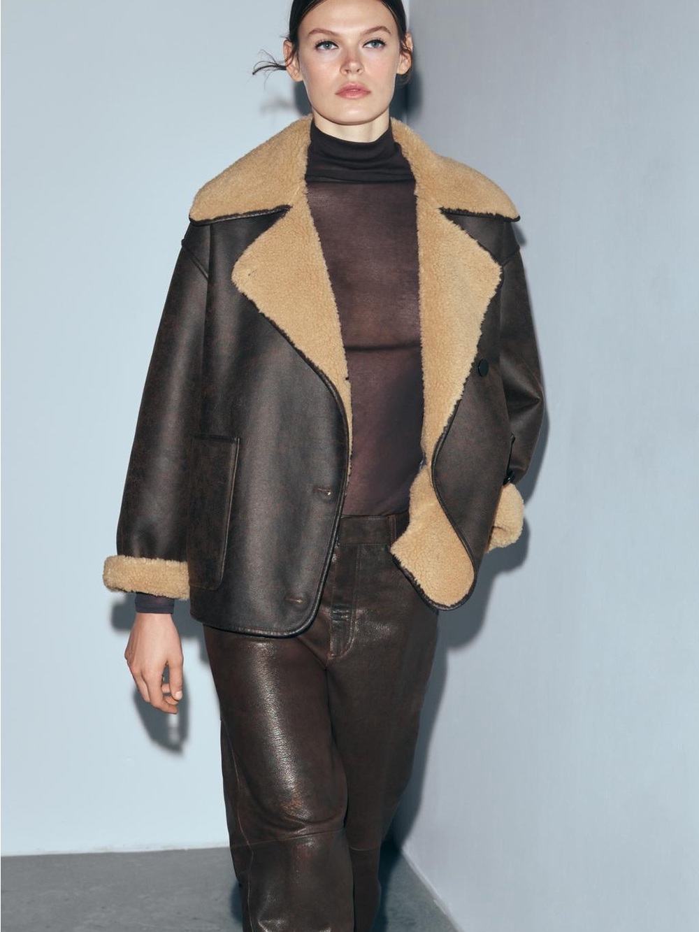 Zara Dark Brown Faux Leather Jacket with Beige Shearling Collar - Picture 4 of 8